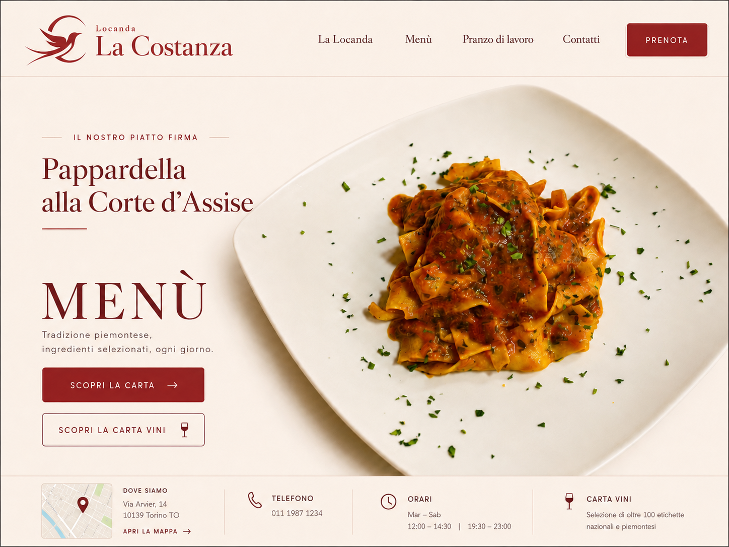 Schermata approvata della Locanda La Costanza: logo con rondine nella C, fondo avorio e rosso porpora, Pappardella alla Corte d’Assise